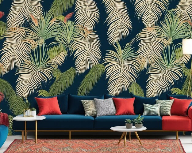 В стильной гостиной есть темно-синий диван с яркими подушками, два круглых белых стола и смелый диван с узором из тропических листьев.