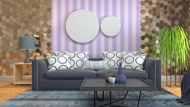 Современная гостиная с серым диваном, геометрическим декором и яркими акцентами.