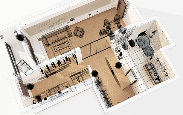 3D-рендеринг плана современной квартиры с гостиной, столовой, кухней и ванной комнатой.